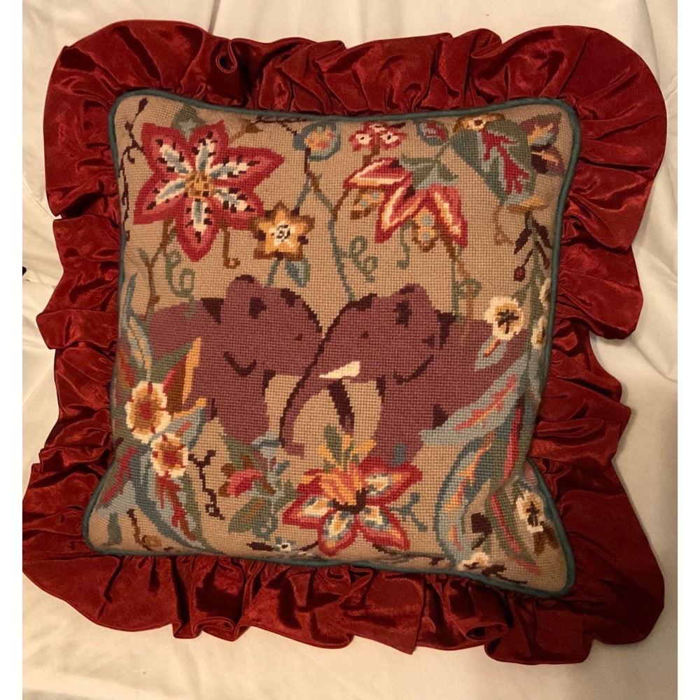 VintageNeedlepoint Square 18" Pillow Floral ELEPHANTS SATEEN Ruffle CottageDecor